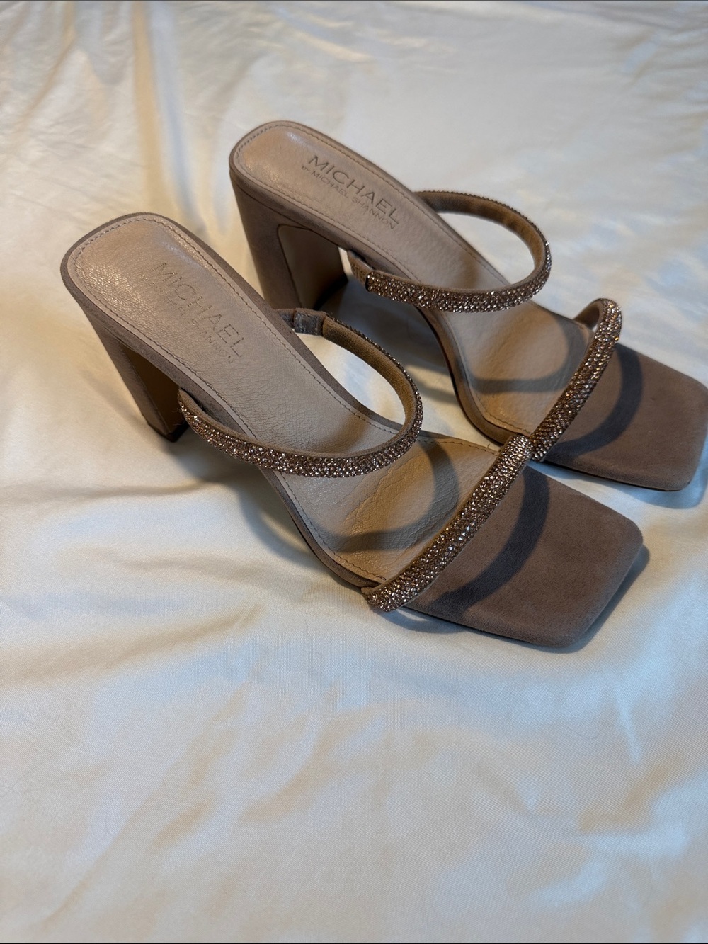 Michael Shannon Taupe Crystal-Embellished Block Heel Sandals